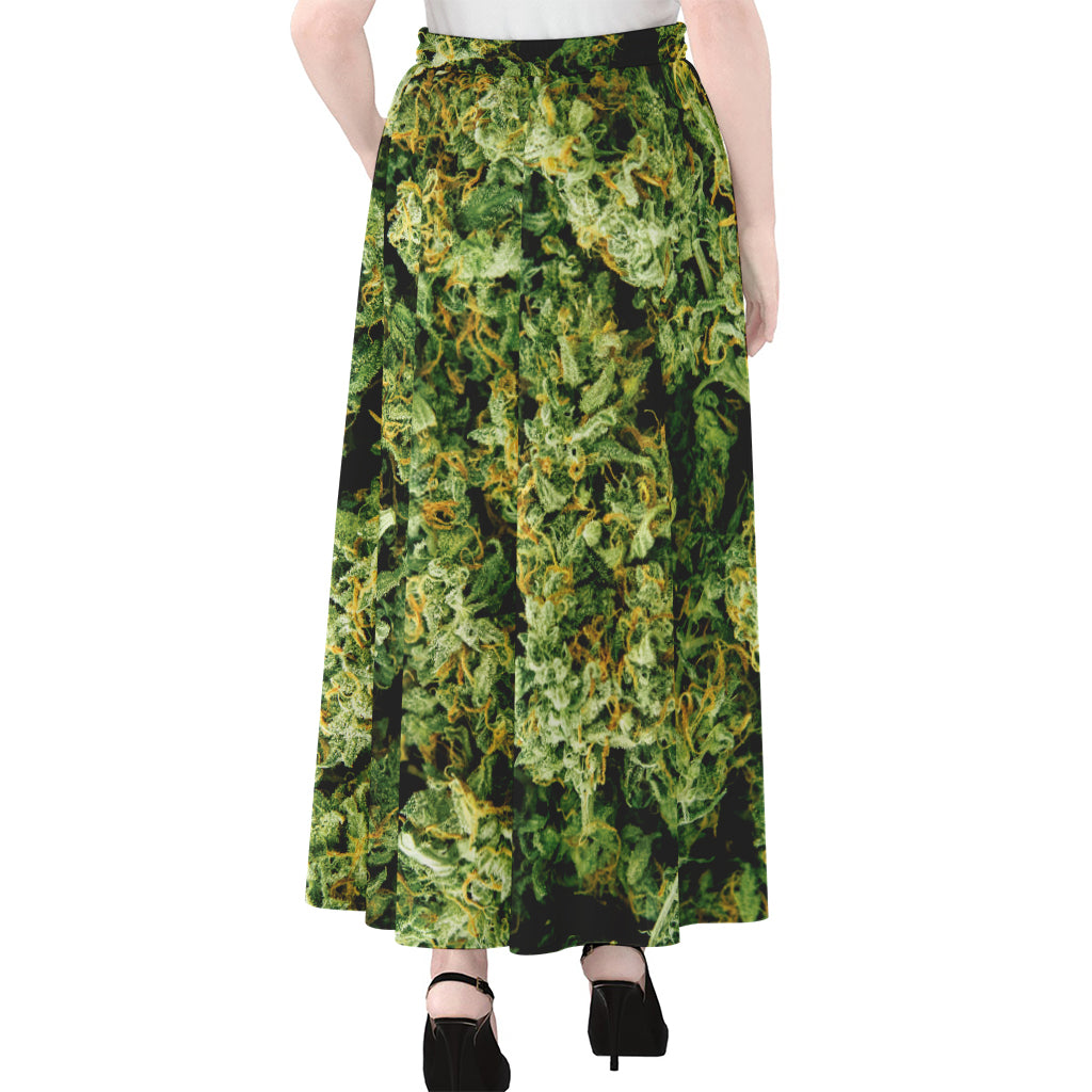 Green Weed Print Chiffon Maxi Skirt