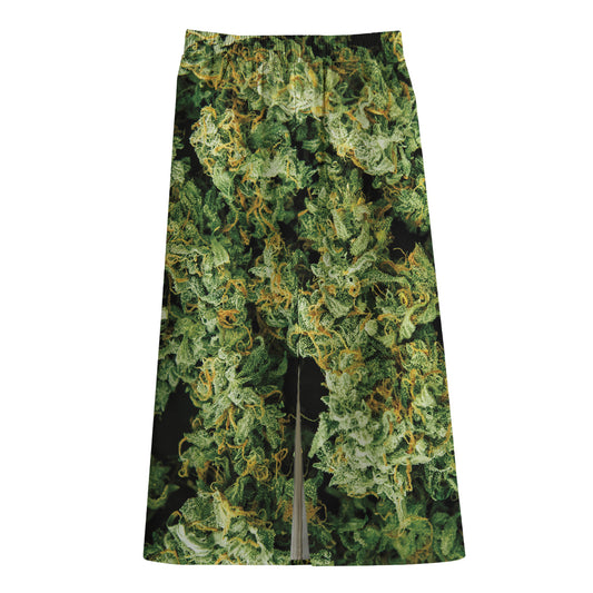Green Weed Print Cotton Front Slit Maxi Skirt