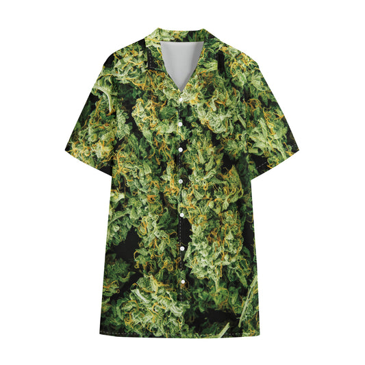 Green Weed Print Cotton Hawaiian Shirt