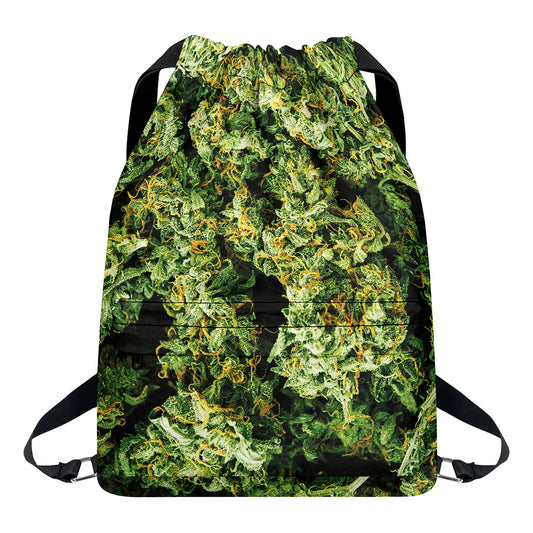 Green Weed Print Drawstring Backpack