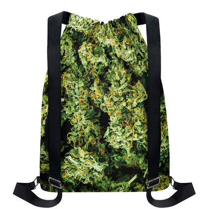 Green Weed Print Drawstring Backpack