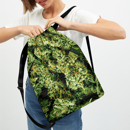 Green Weed Print Drawstring Backpack