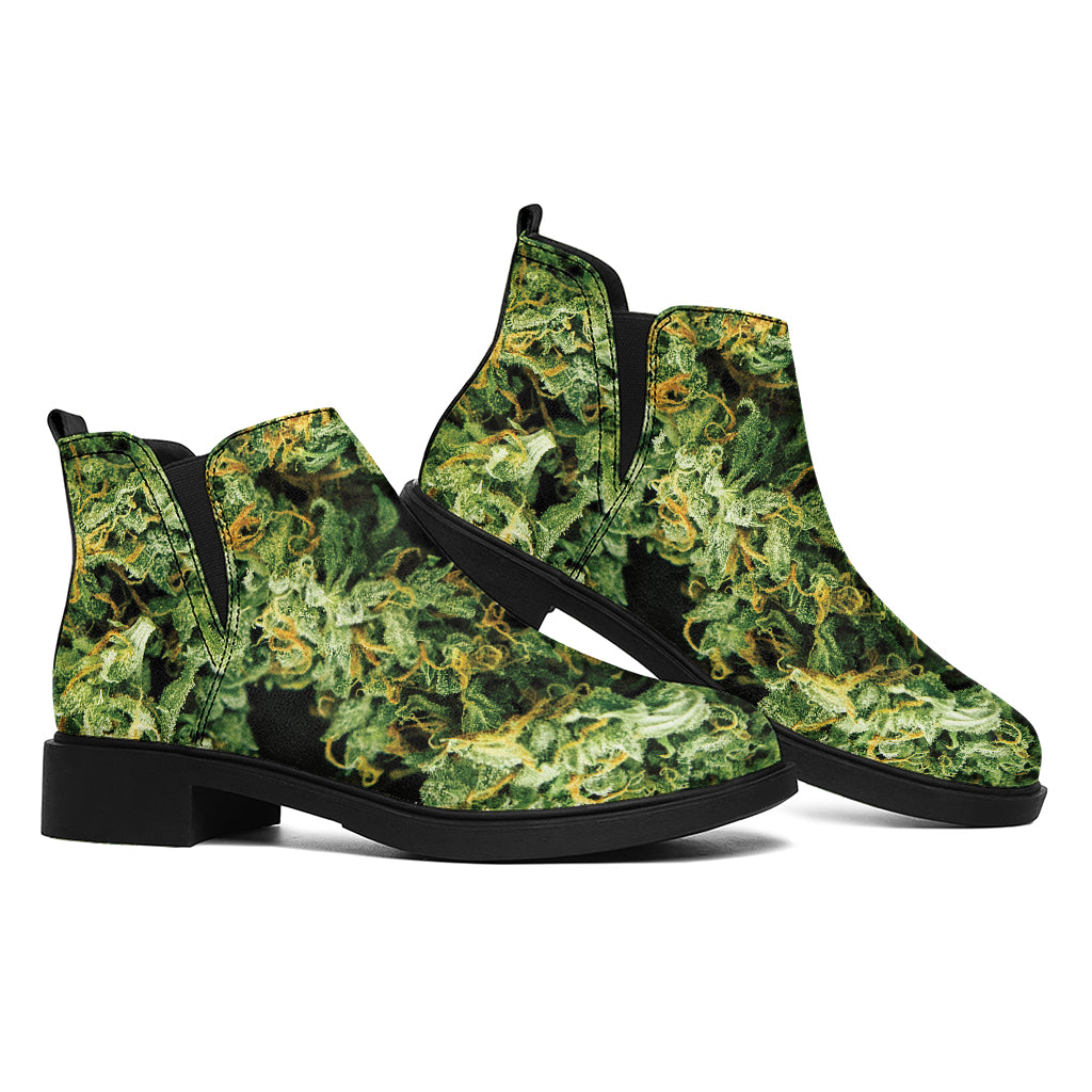Green Weed Print Flat Ankle Boots