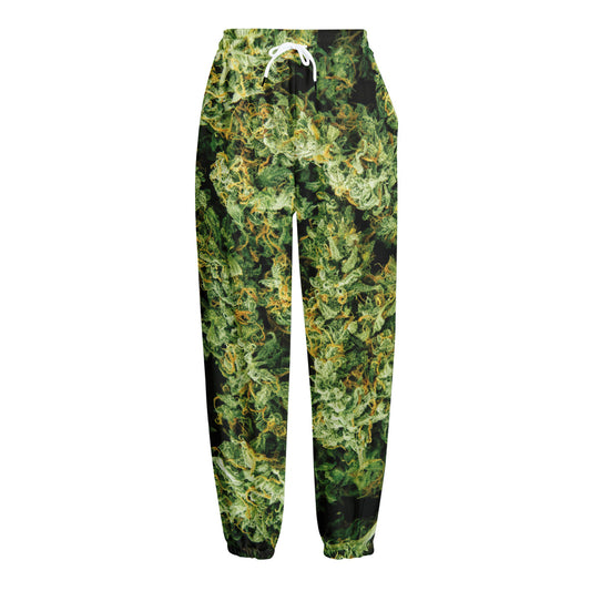 Green Weed Print Fleece Lined Knit Pants
