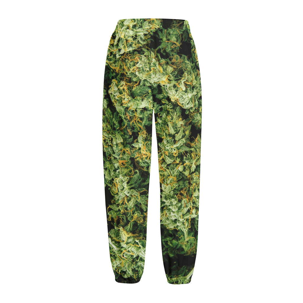Green Weed Print Fleece Lined Knit Pants