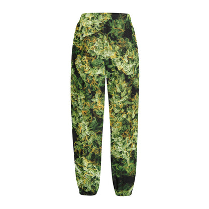 Green Weed Print Fleece Lined Knit Pants