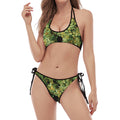 Green Weed Print Halter Scoop Tie Side Bikini