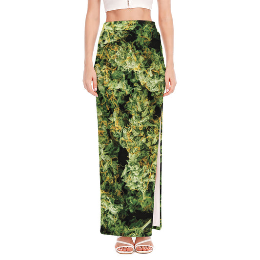 Green Weed Print High Slit Maxi Skirt