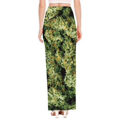 Green Weed Print High Slit Maxi Skirt