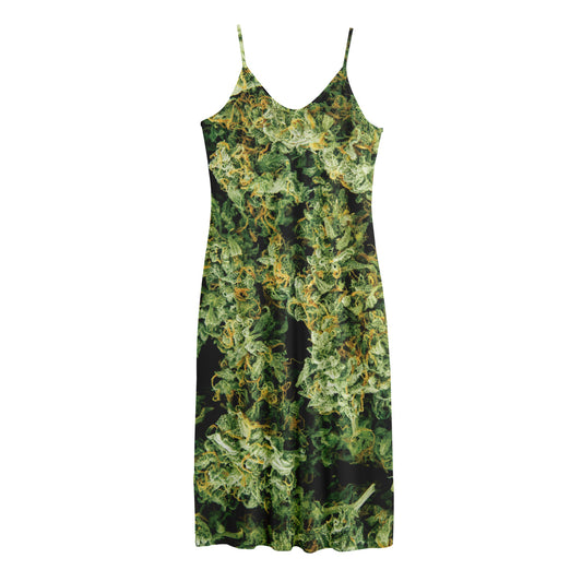 Green Weed Print Jersey Midi Cami Dress
