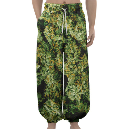 Green Weed Print Lantern Pants