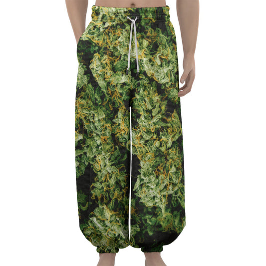 Green Weed Print Lantern Pants