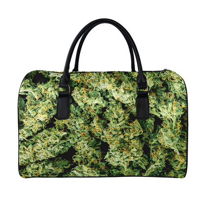 Green Weed Print Leather Duffle Bag
