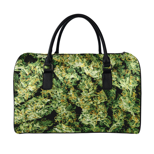 Green Weed Print Leather Duffle Bag