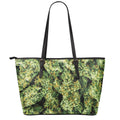 Green Weed Print Leather Tote Bag With Zipper