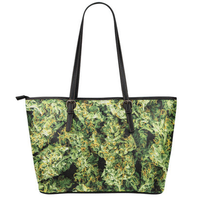 Green Weed Print Leather Tote Bag