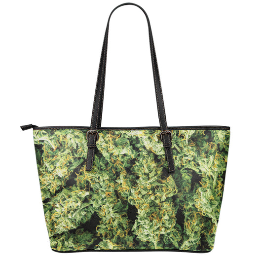 Green Weed Print Leather Tote Bag