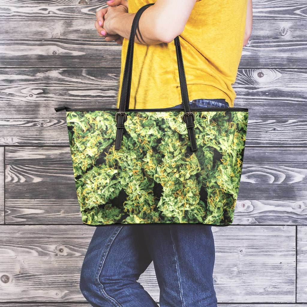 Green Weed Print Leather Tote Bag