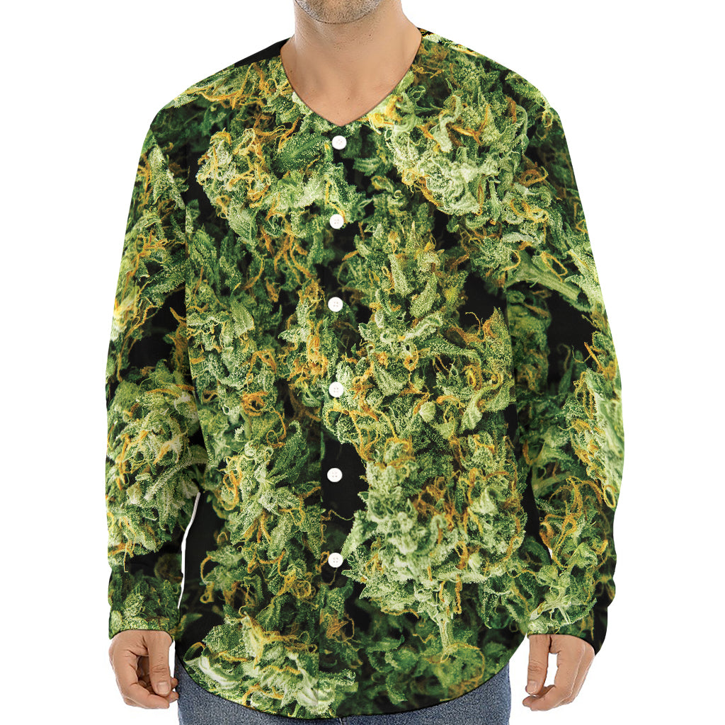 Green Weed Print Long Sleeve Baseball Jersey