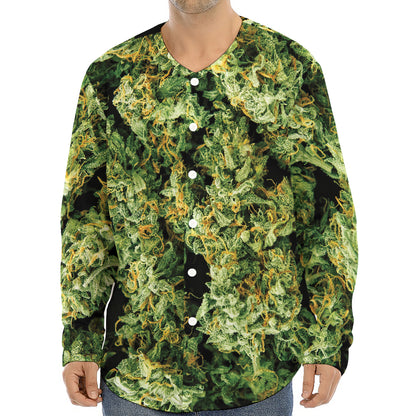 Green Weed Print Long Sleeve Baseball Jersey