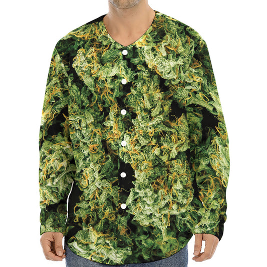 Green Weed Print Long Sleeve Baseball Jersey