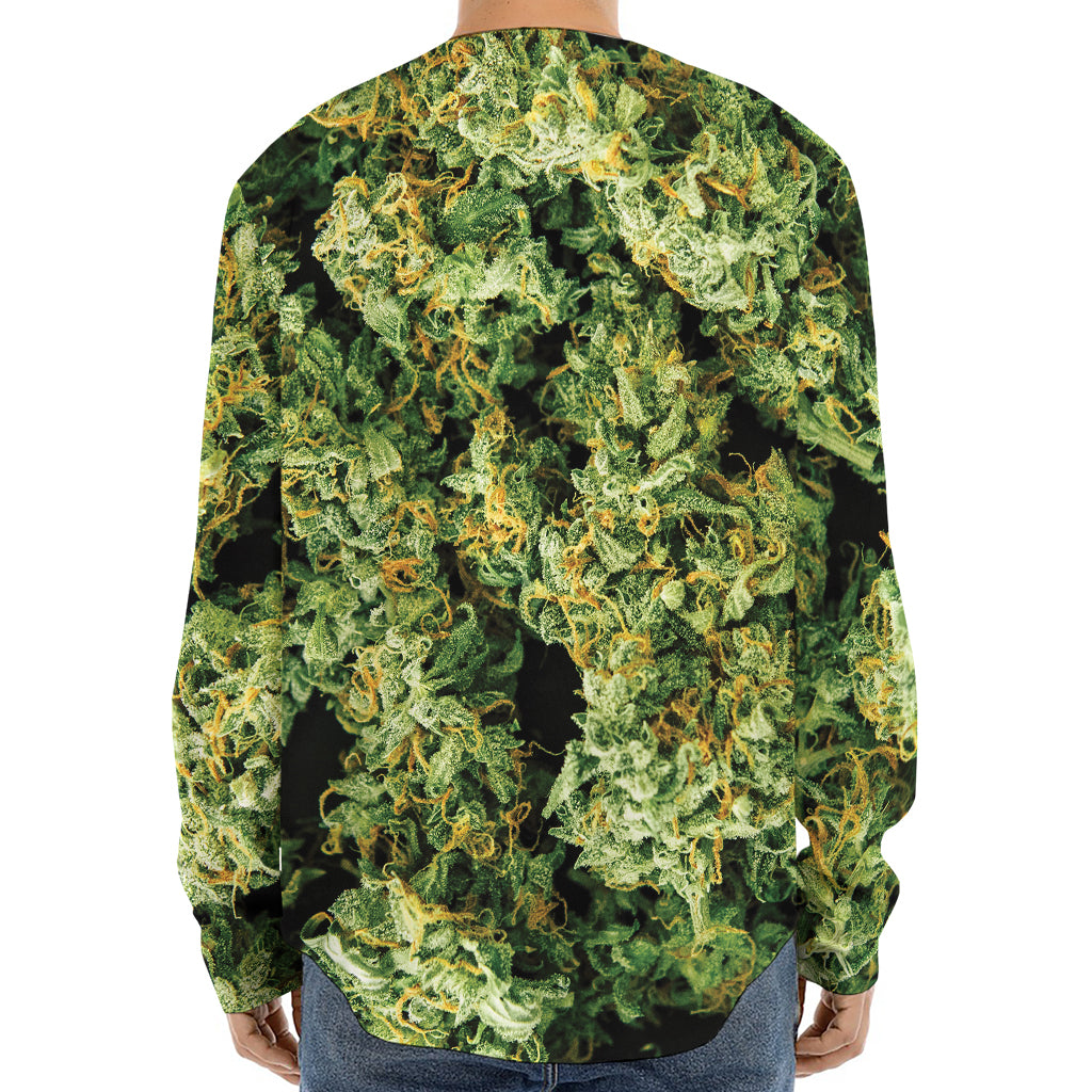 Green Weed Print Long Sleeve Baseball Jersey