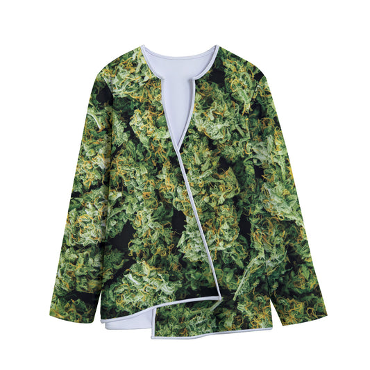 Green Weed Print Long Sleeve Short Coat