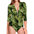 Green Weed Print Long Sleeve Swimsuit