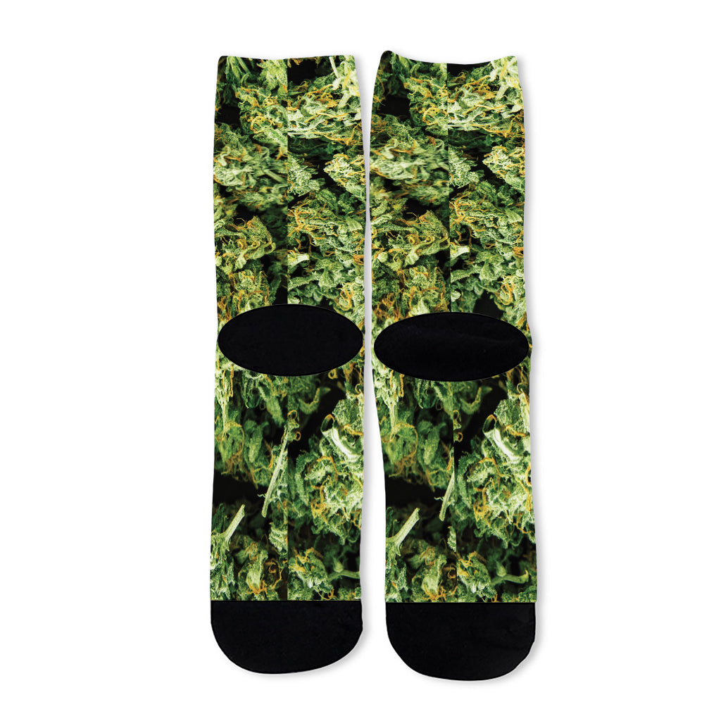 Green Weed Print Long Socks