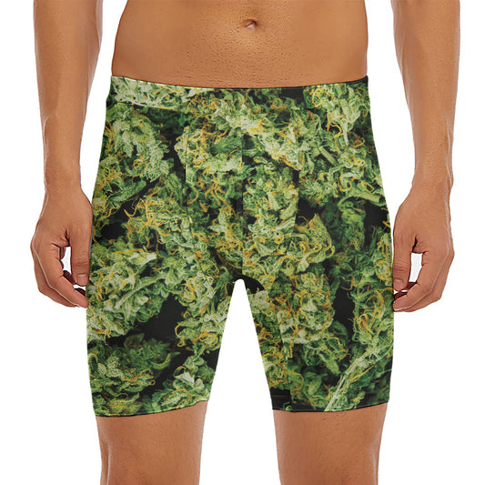 Green Weed Print Men's Long Boxer Briefs