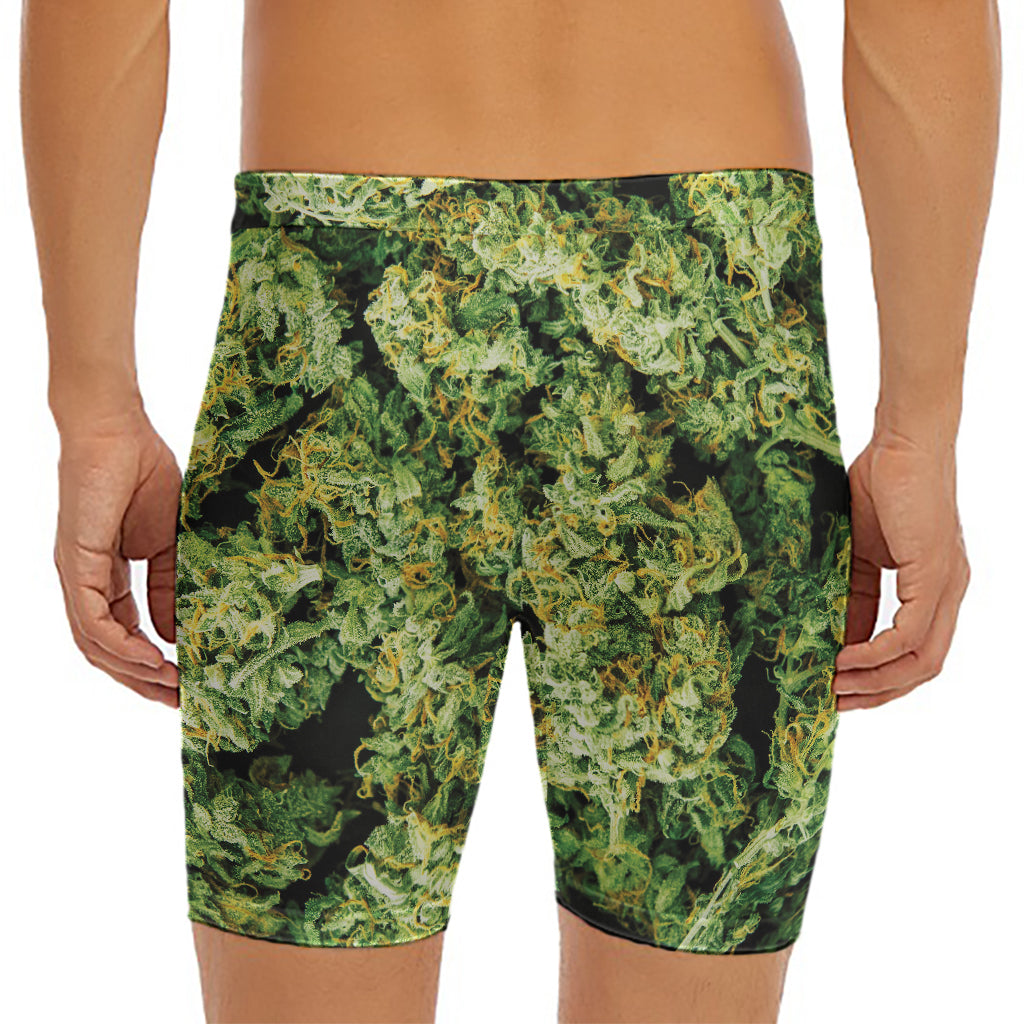 Green Weed Print Men's Long Boxer Briefs