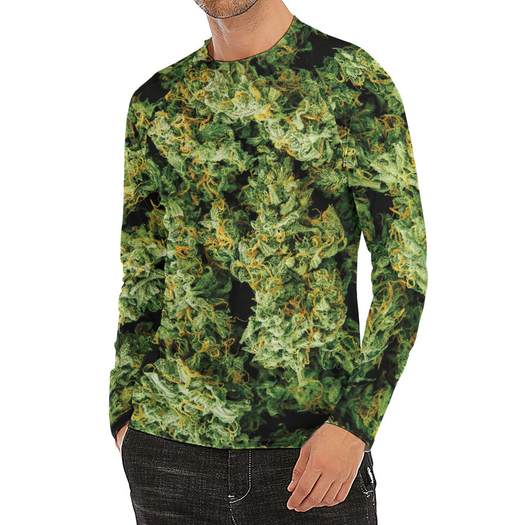Green Weed Print Men's Long Sleeve Rash Guard