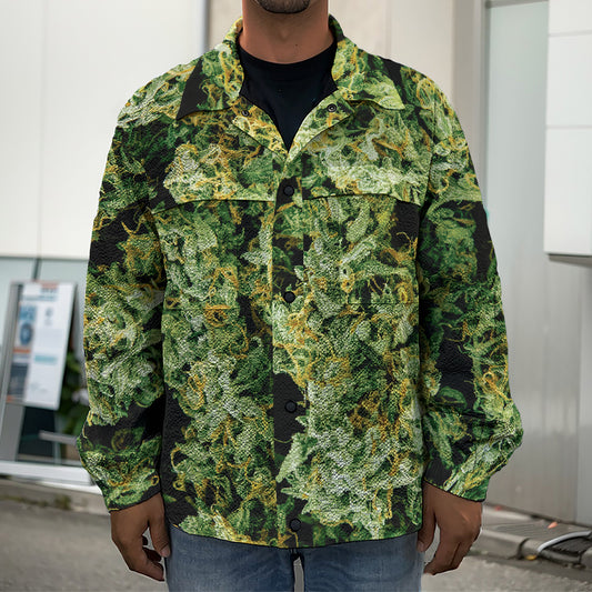 Green Weed Print Men's Shirt Jacket