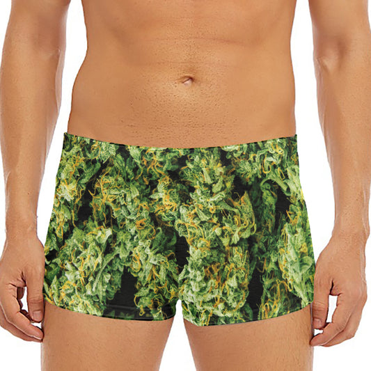 Green Weed Print Men's Short Boxer Briefs
