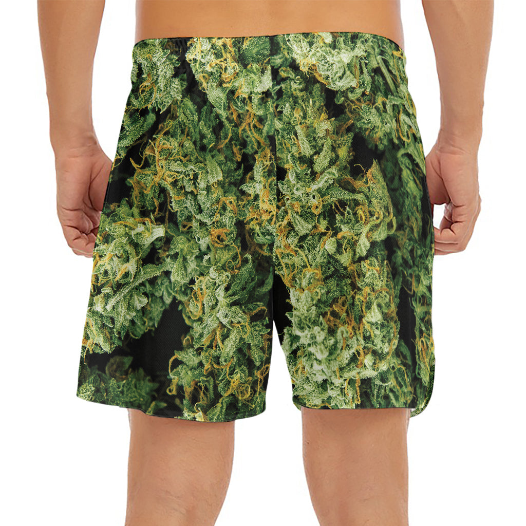 Green Weed Print Men's Split Running Shorts