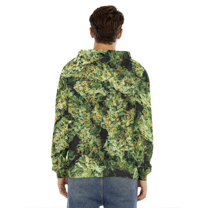 Green Weed Print Men's Velvet Pullover Hoodie