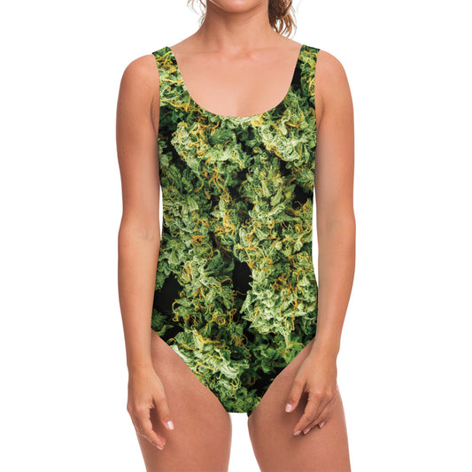Green Weed Print One Piece Swimsuit