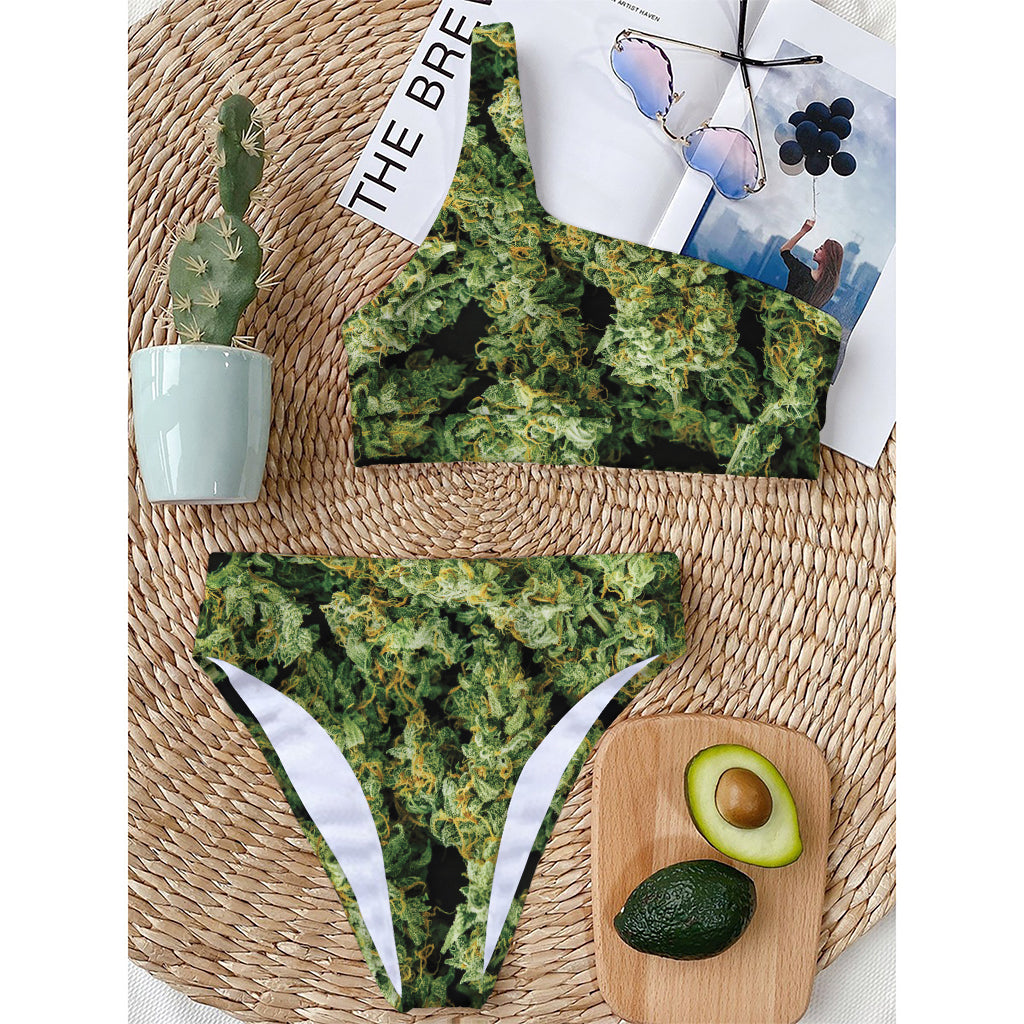 Green Weed Print One Shoulder Bikini Top