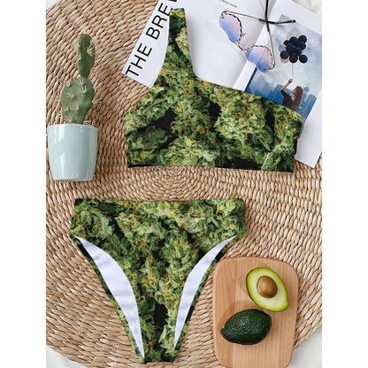 Green Weed Print One Shoulder Bikini Top