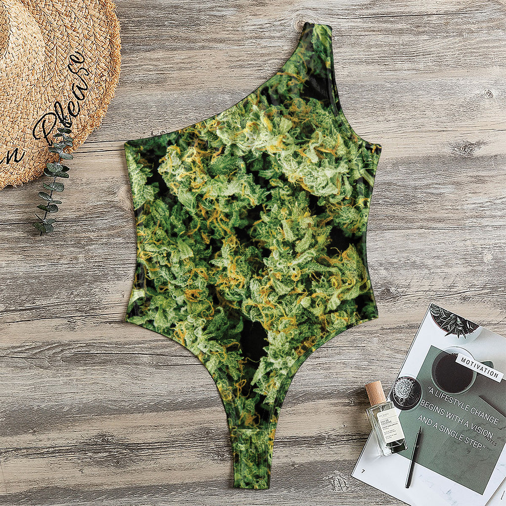 Green Weed Print One Shoulder Bodysuit