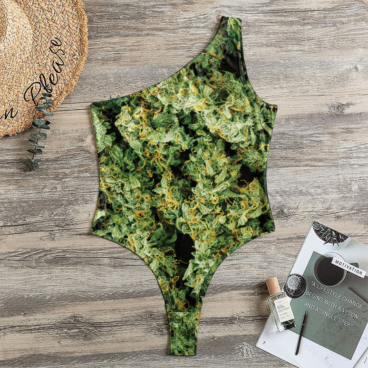 Green Weed Print One Shoulder Bodysuit