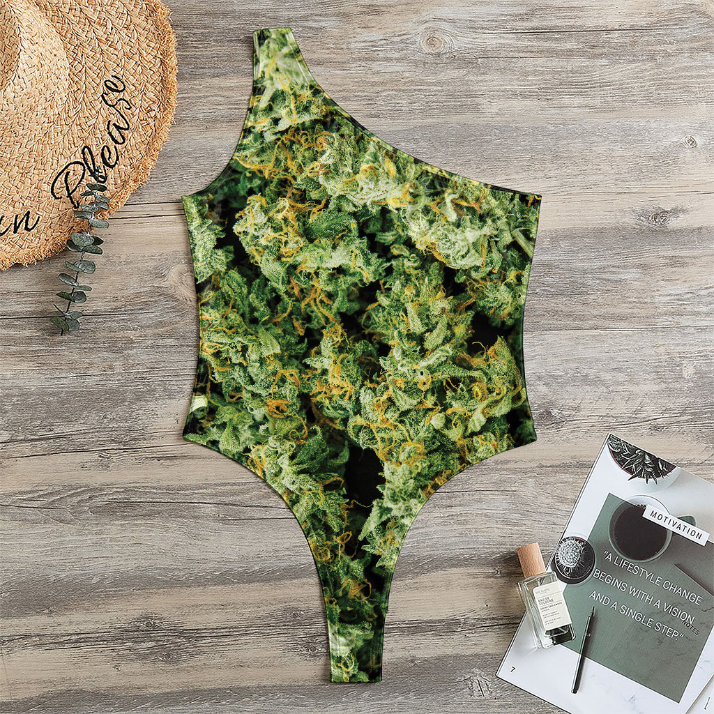 Green Weed Print One Shoulder Bodysuit