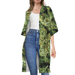Green Weed Print Open Front Beach Cover Up