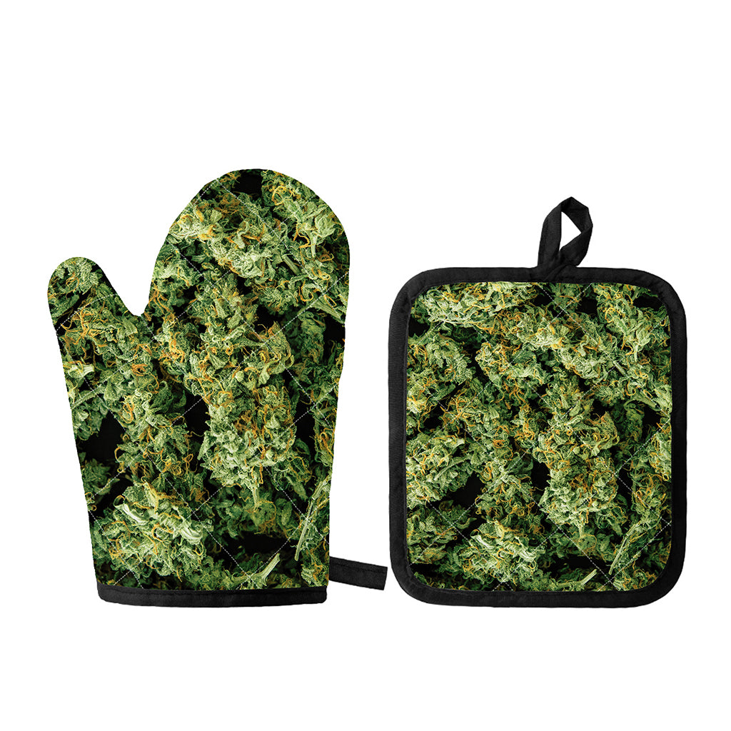 Green Weed Print Oven Mitt And Pot Holder Set