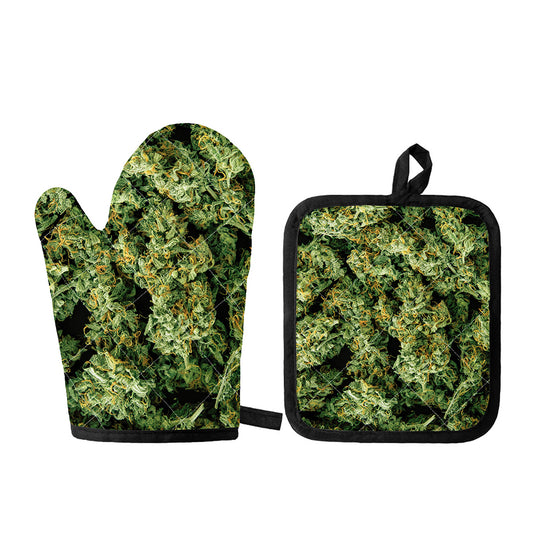 Green Weed Print Oven Mitt And Pot Holder Set