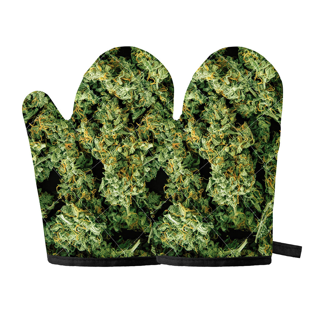 Green Weed Print Oven Mitts