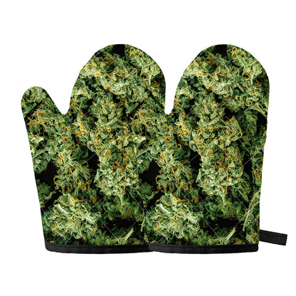 Green Weed Print Oven Mitts