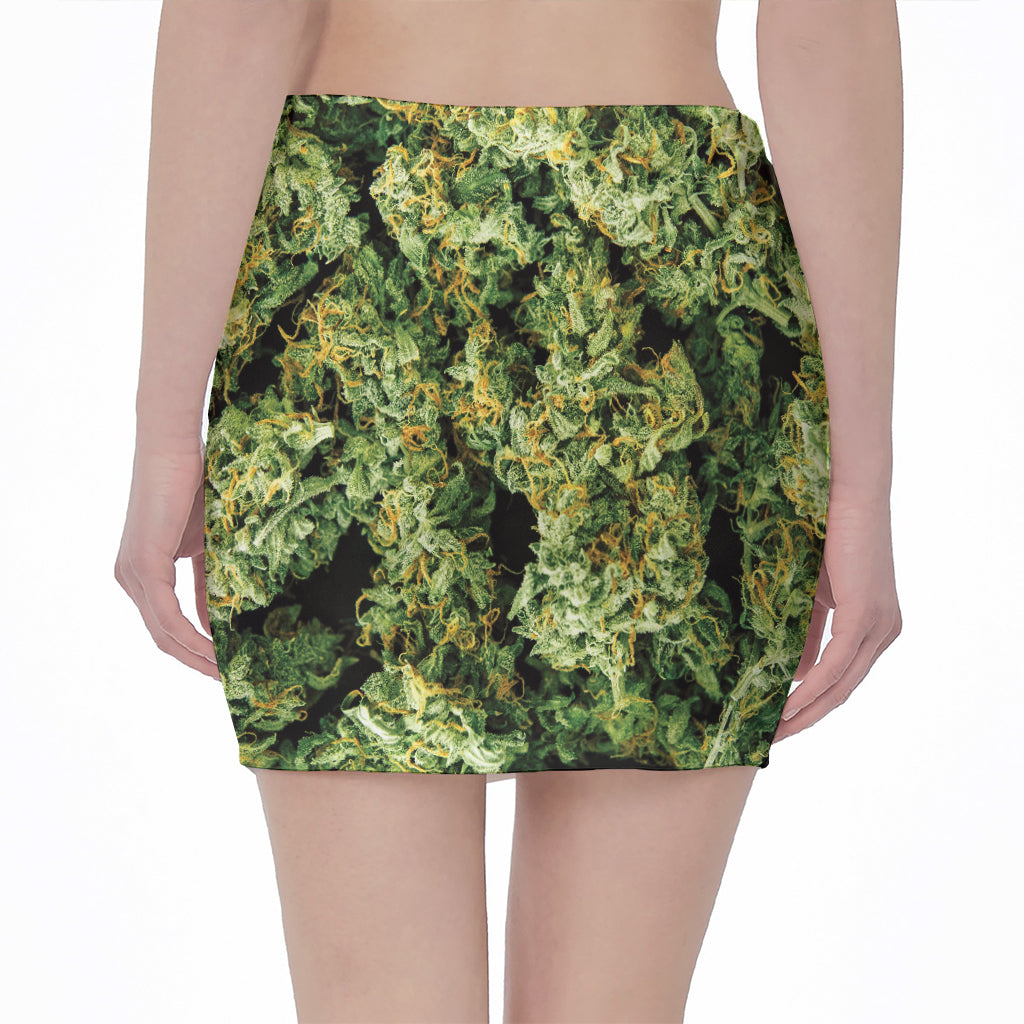 Green Weed Print Pencil Mini Skirt