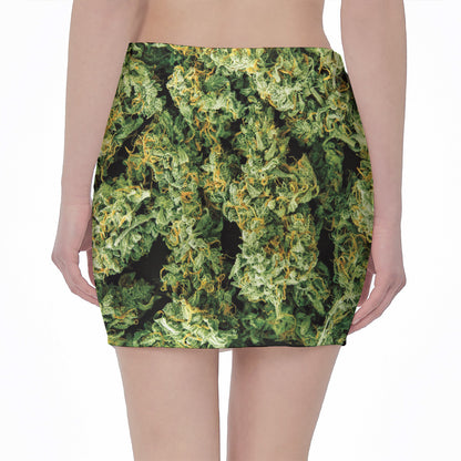 Green Weed Print Pencil Mini Skirt