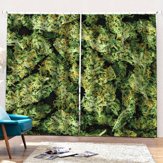 Green Weed Print Pencil Pleat Curtains